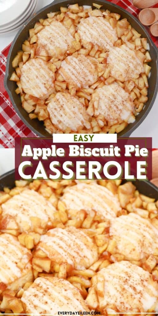 A pinterest pin with txt overlay of chopped cooked apples in a cast iron pan topped with biscuits and drizzled with icing.