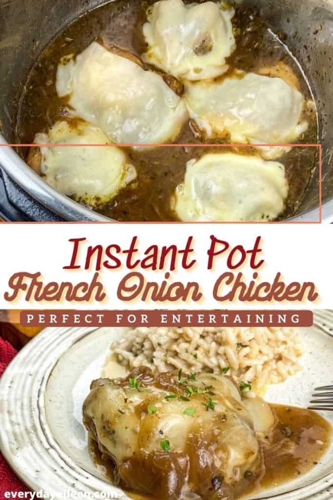 A Pinterest Pin with text overlay with 2 photos top one, chicken in a brown sauce topped with provolone cheese in an Instant Pot vessel. Bottom photo is chicken topped with provolone cheese in a brown gravy and rice on a white bowl.