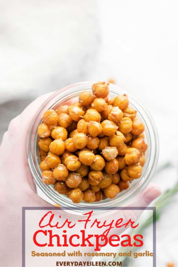 A Pinterest pin with text overlay of roasted chickpeas in a glass jar.