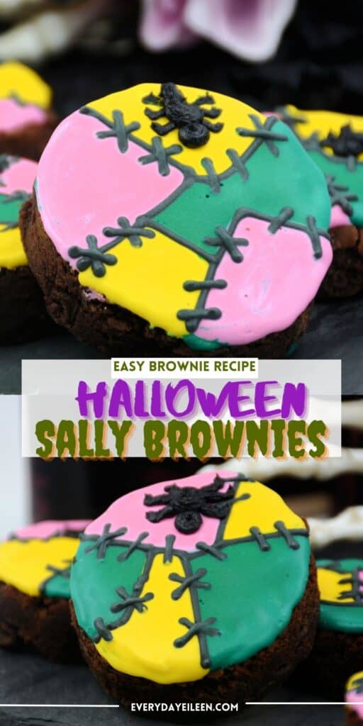 Sally Brownie Halloween recipe for Pinterest with text overlay of decorated brownies with colorful icing.