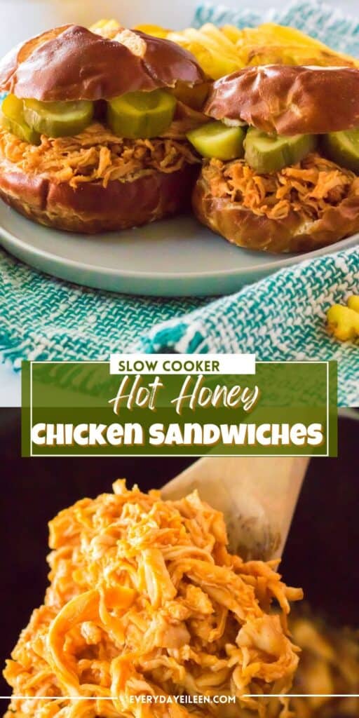 A Pinterest pin with text overlay of a hot honey chicken sandwich made in the crock pot.