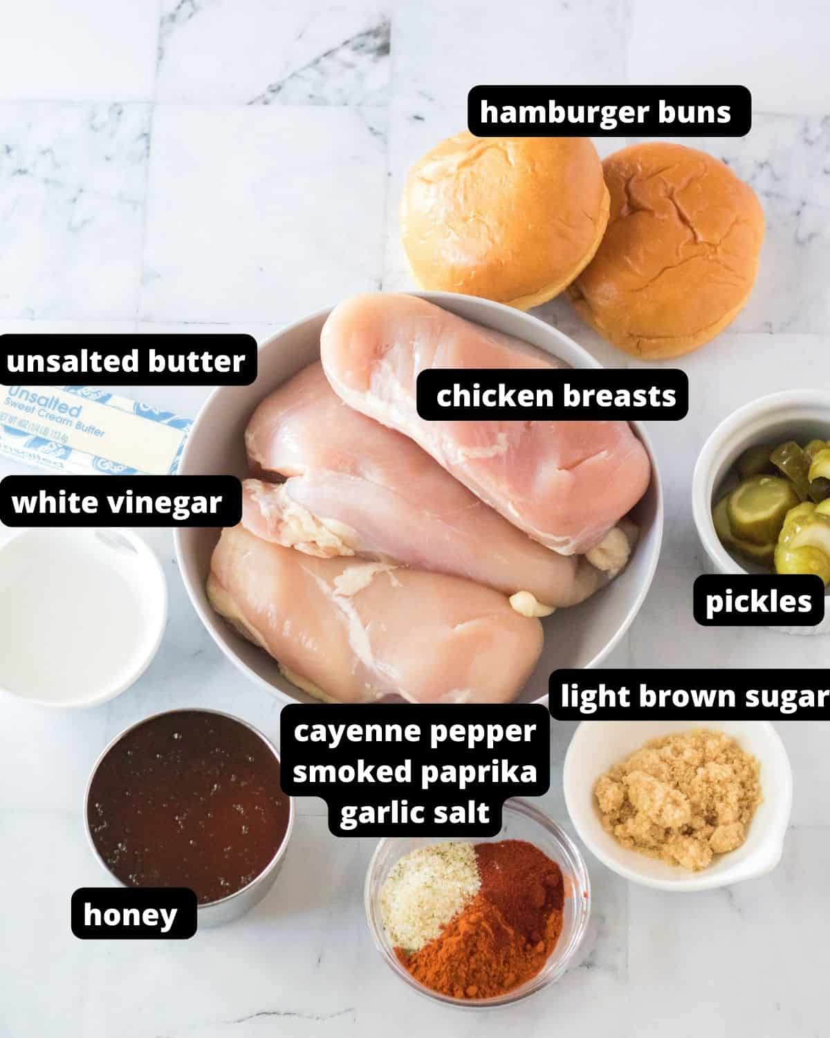 Ingredients to make hot honey chicken sandwiches with text overlay.