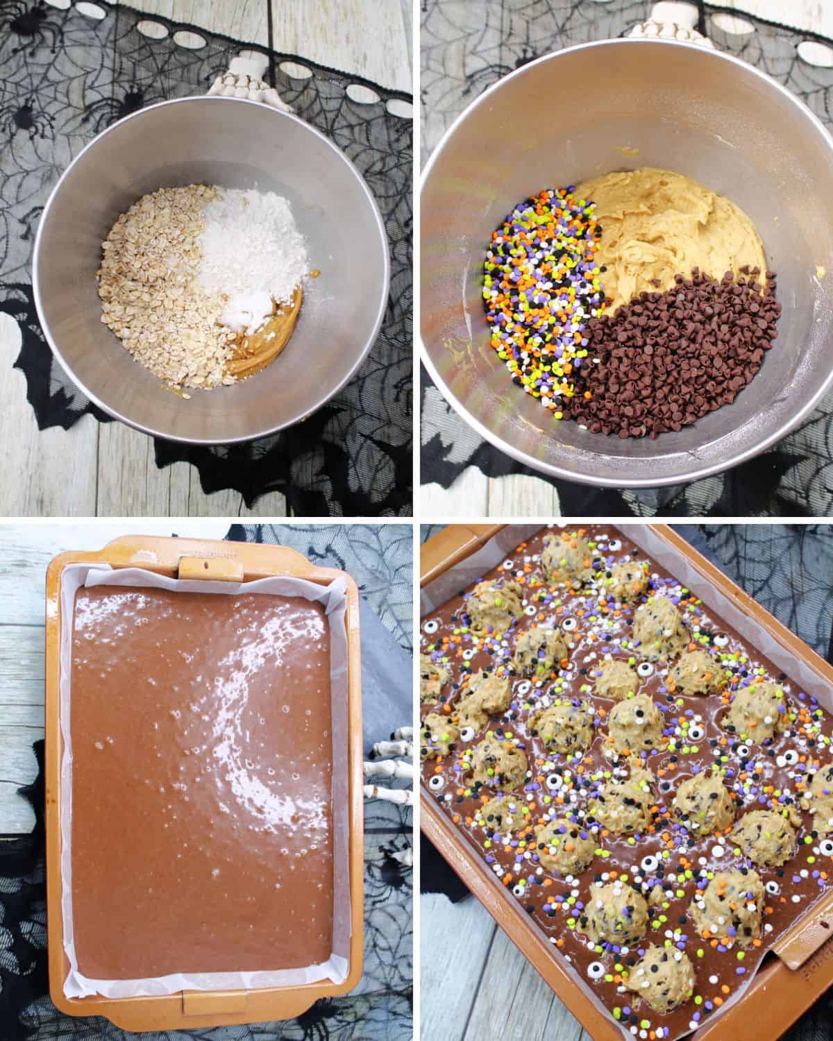 Step by step photos to make monster brownies for halloween.