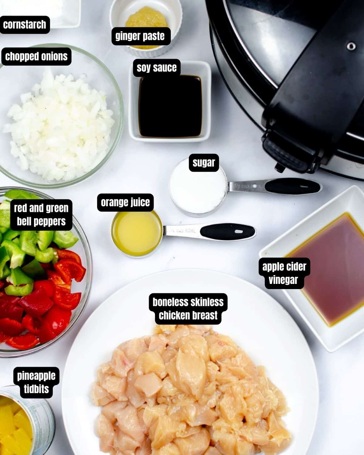 Ingredients with text overlay of the ingredients to make sweet and sour chicken.