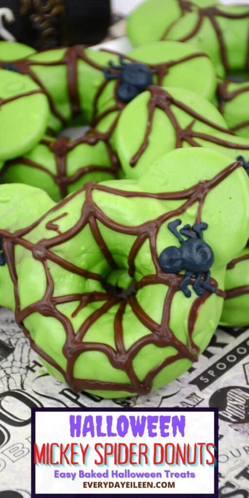 Green covered donuts with spider web and a spider with text overlay for a Pinterest pin.