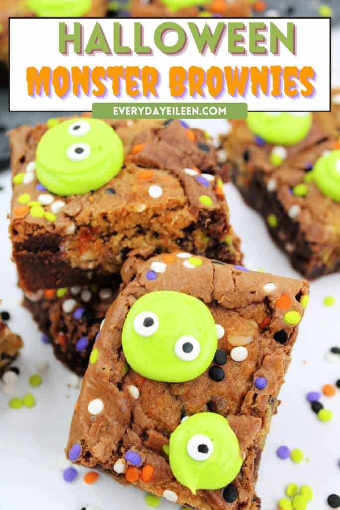 A pinterest pin with text overlay of brownies with green marshmallows and sprinkles.