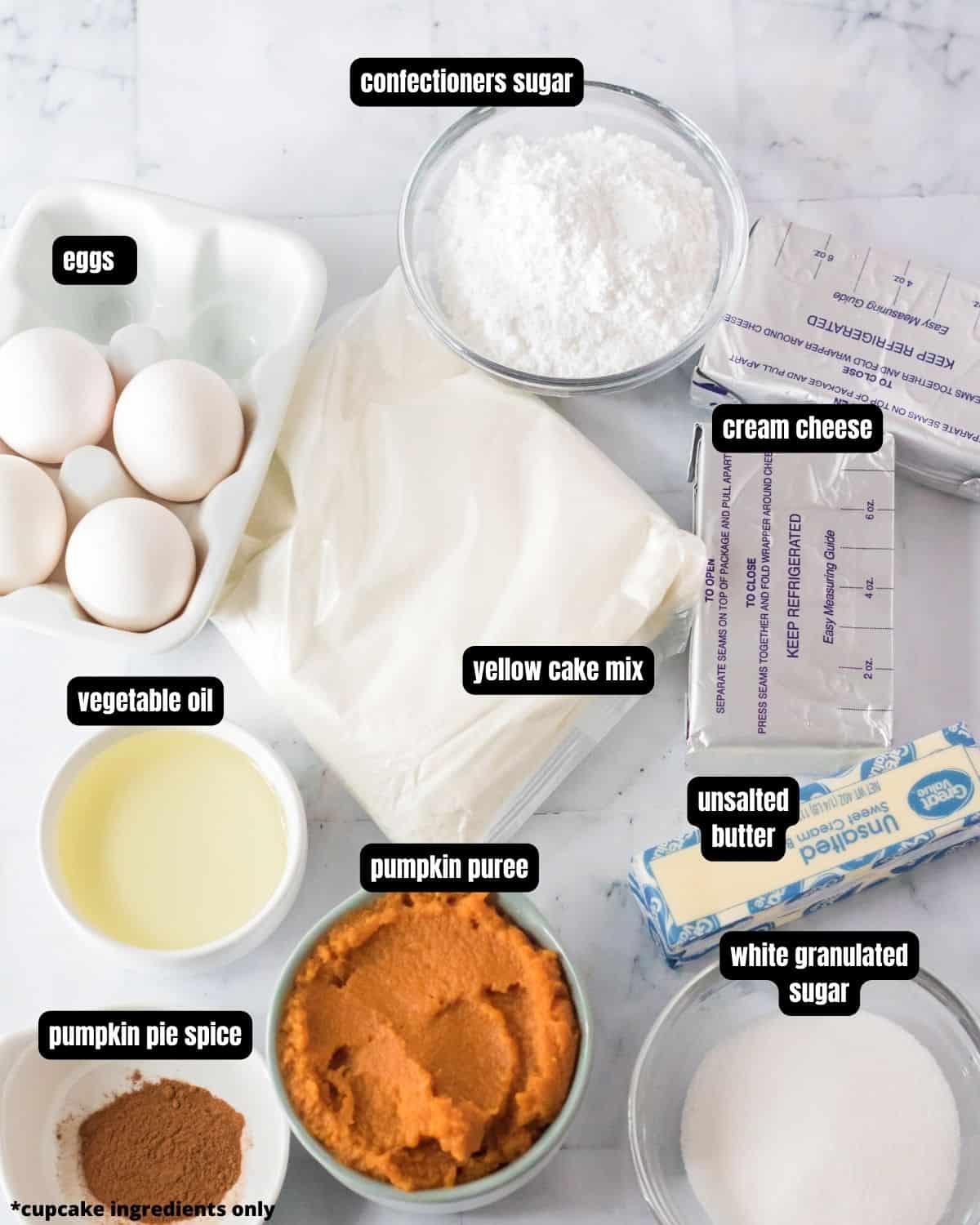 Ingredients with text overlay to make pumpkin cream cheese bundt cake
