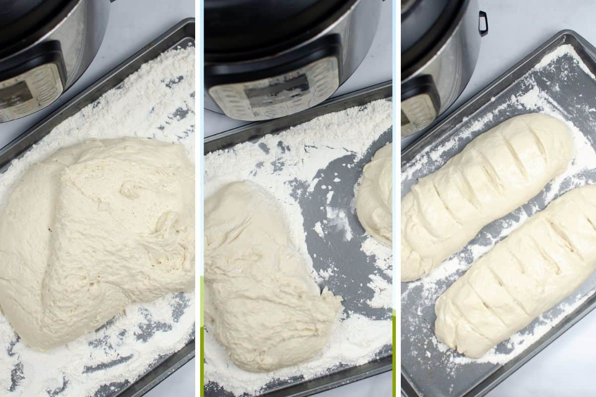 Three photos of bread dough that was proofed in the instant pot on a baking pan.