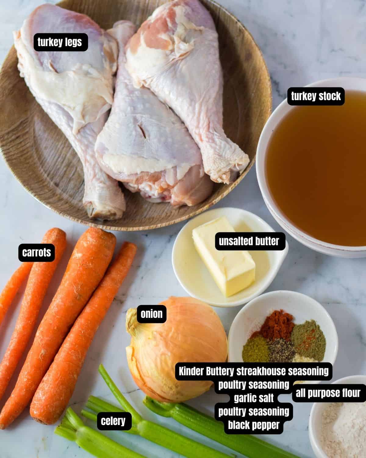 Ingredients with text overlay to make turkey gravy. 