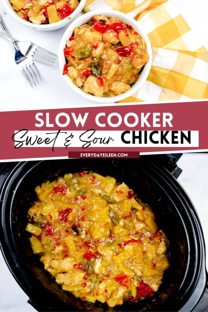 A pinterest pin with text overlay of crockpot sweet and sour chicken with two photos, one photo of the chicken in a black slow cooker and the above photo