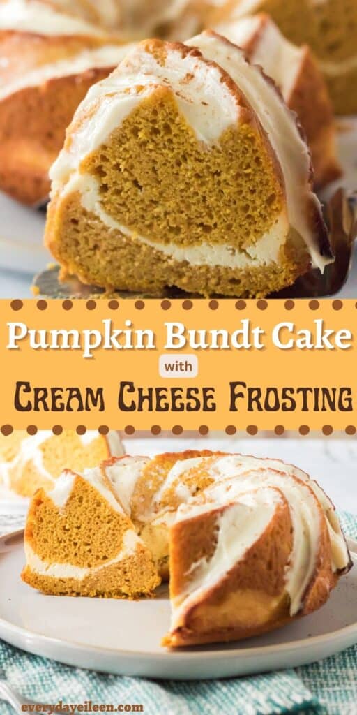 A pinterest pin with text overlay of two photos of a bundt cake with a swirl of cream cheese and then glazed with a white frosting.