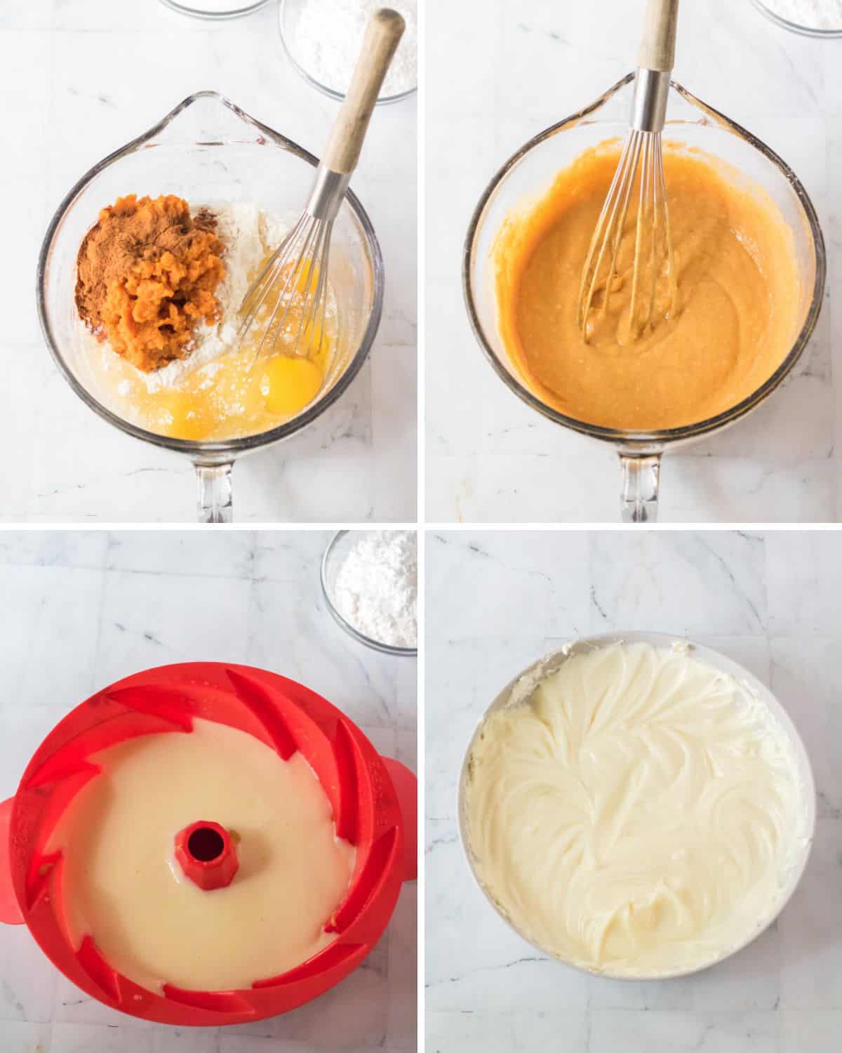 Four photos of the steps to make a bundt cake.