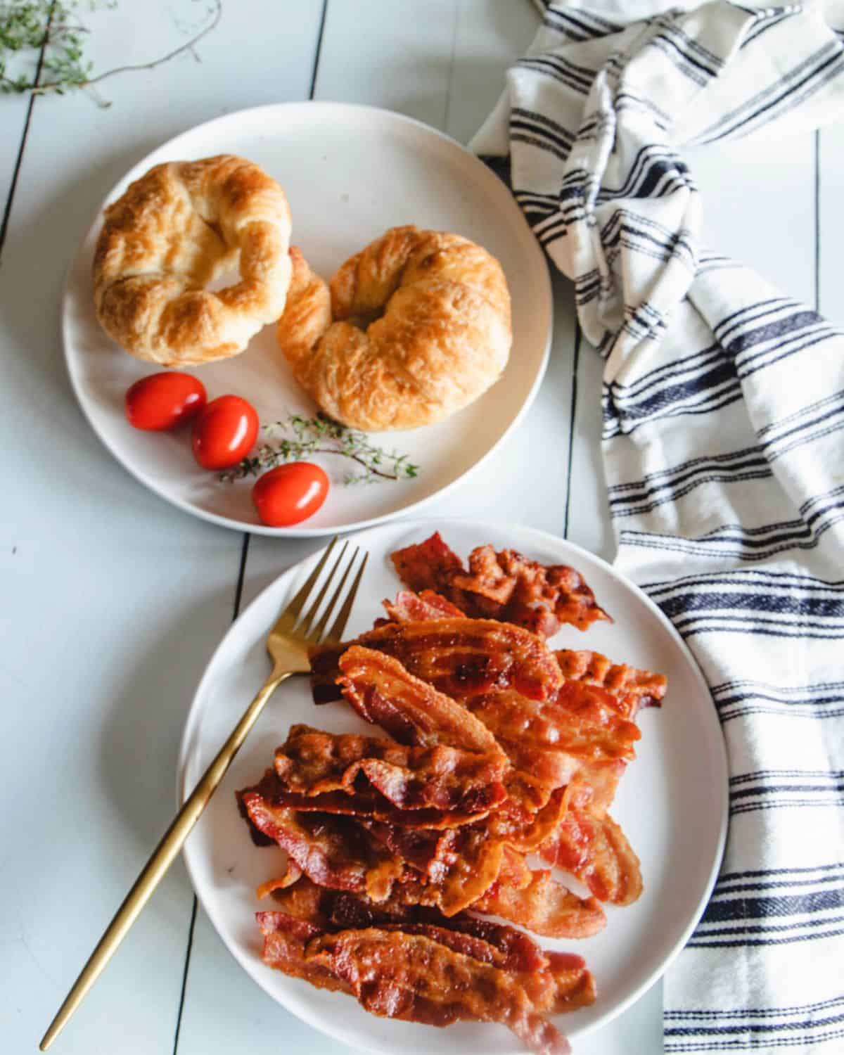 Cispy air fryer bacon on a plate.