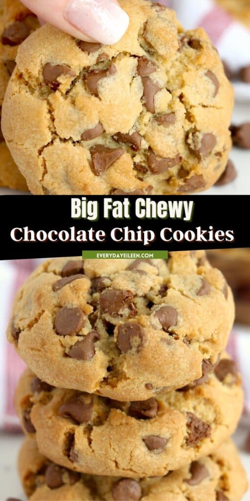 A pinterest pin with text overlay of a chewy chocolate chip cookie.