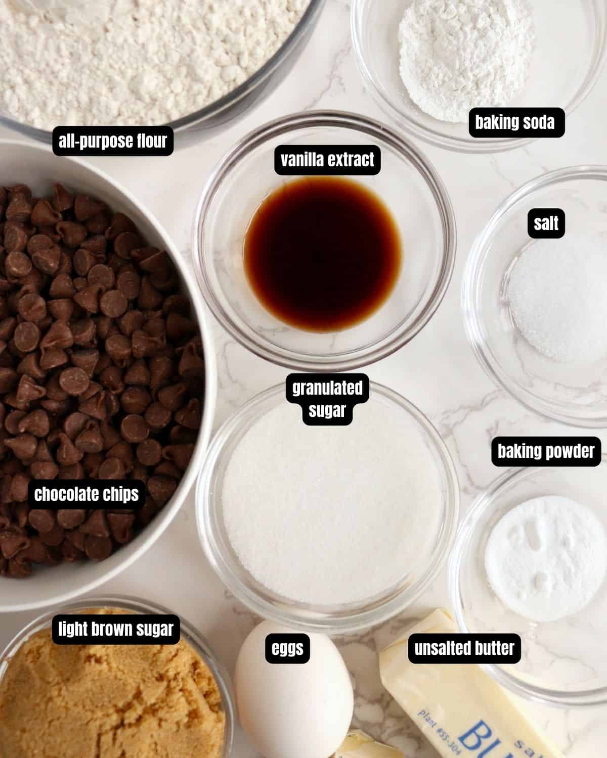 Ingredients with text overlay to make big fat chocolate chip cookies.