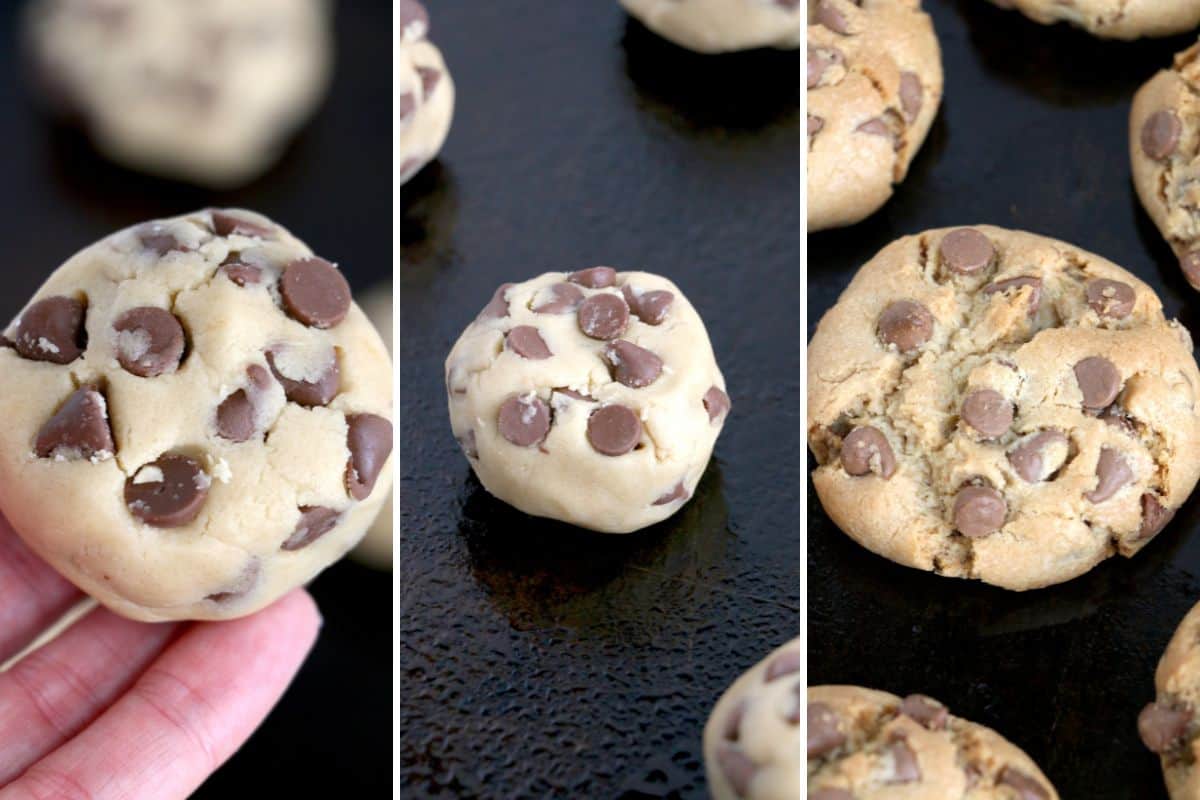 Three photos showing cookie dough going on a baking sheet for chewy chocolate chips. 