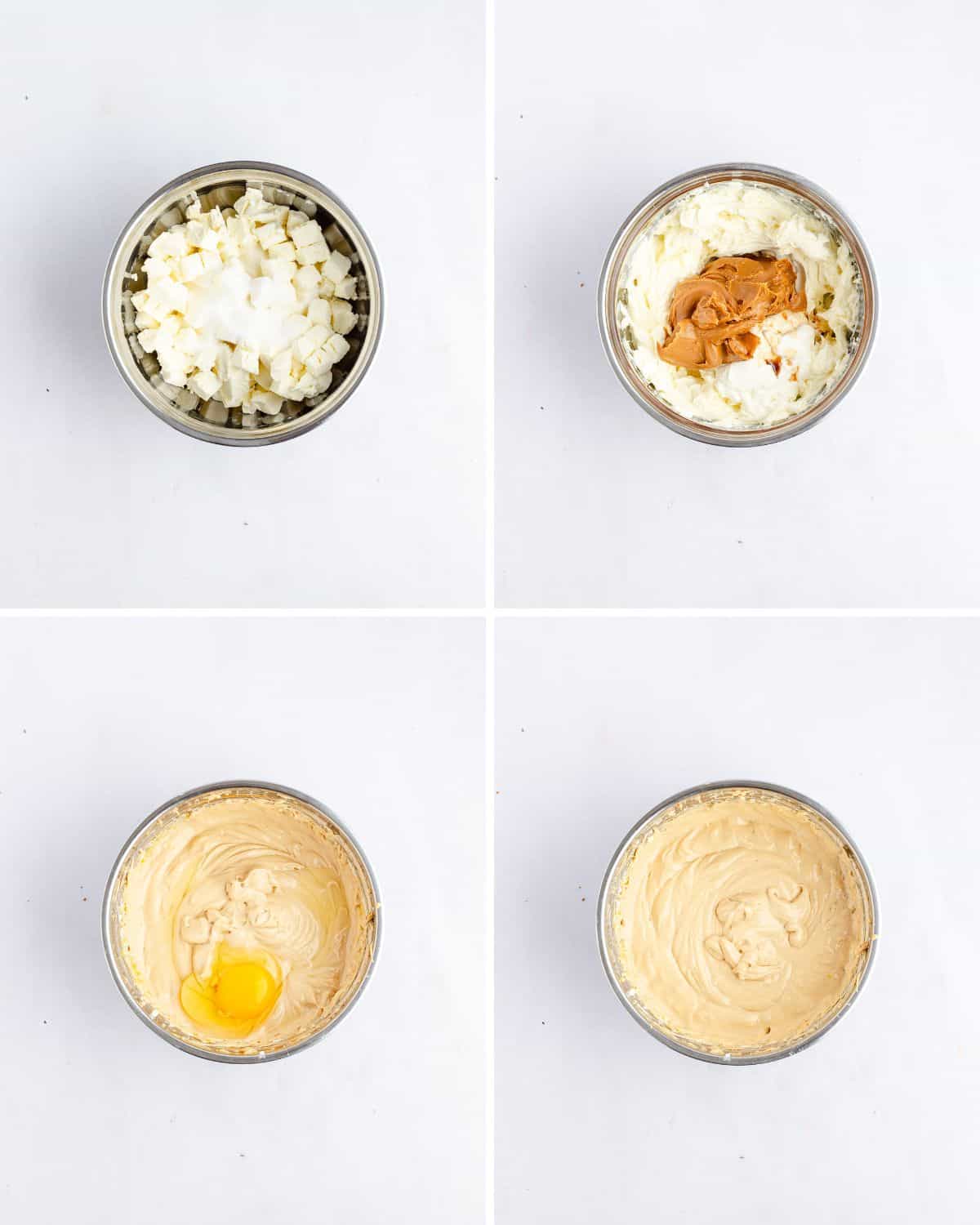 Step by step photos of how to mix cheesecake batter for the filling with biscoff butter