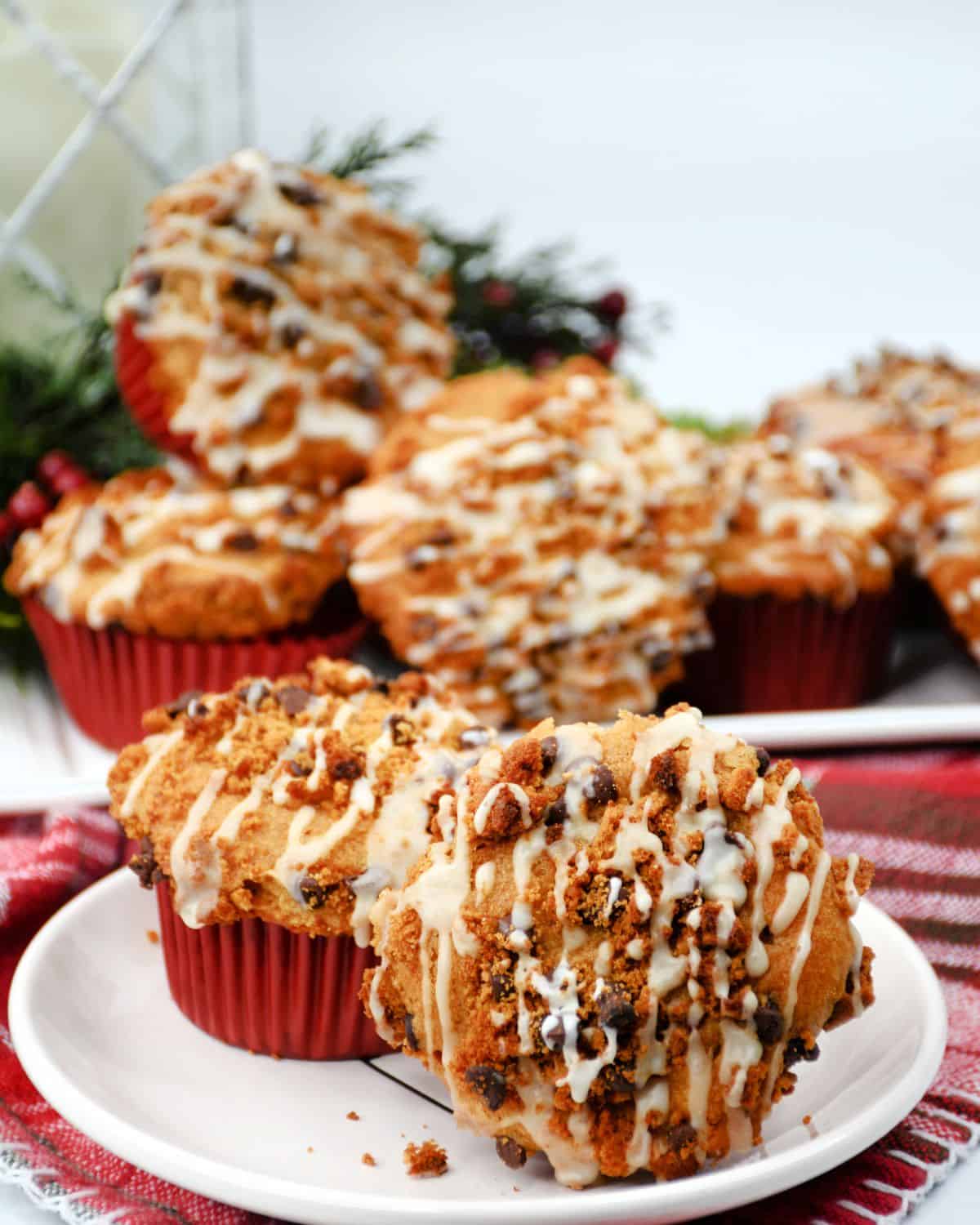 Gingerbread muffins with a glaze and crumble on top. 