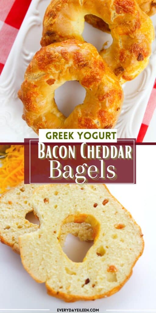 A pinterest pin with text overlay of greek yogurt bagels with bacon and cheddar.