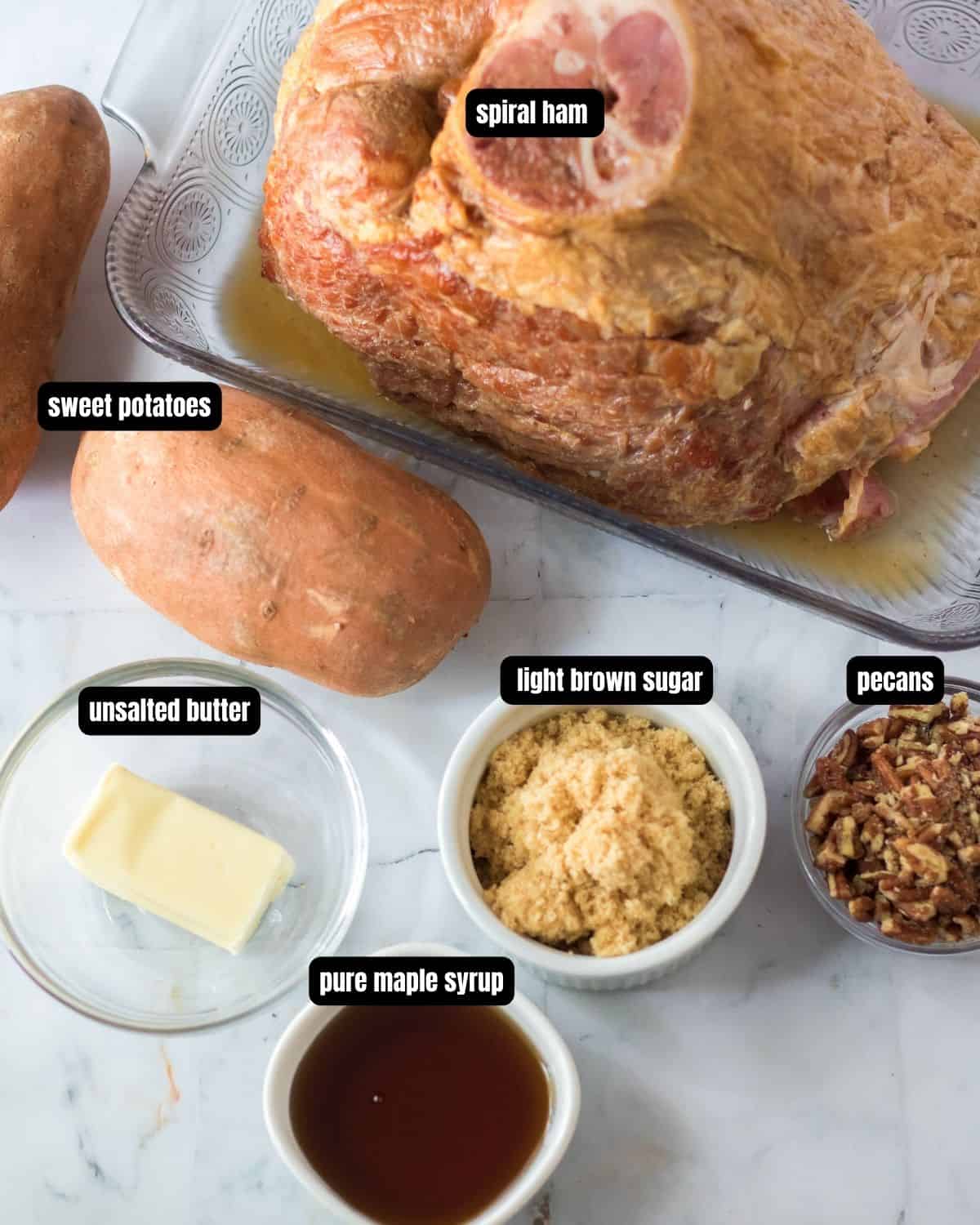 Ingredients to make spiral ham with a pecan glaze.