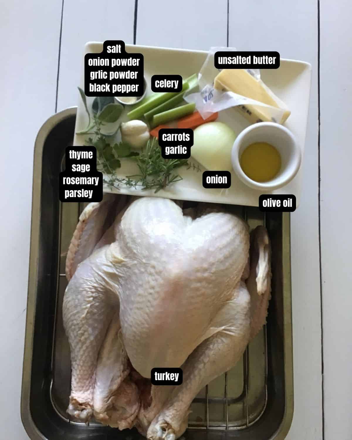 Ingredients with text overlay to make roast turkey. 