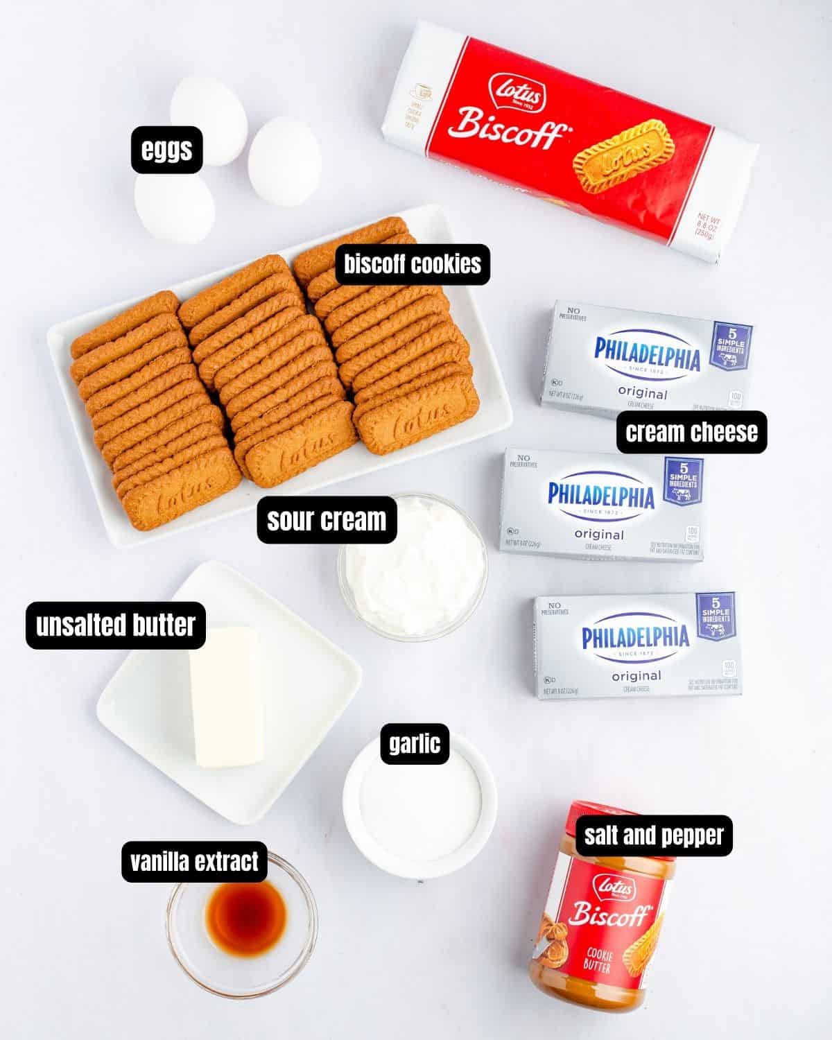 Text overlay of biscoff cheesecake bar ingredients.