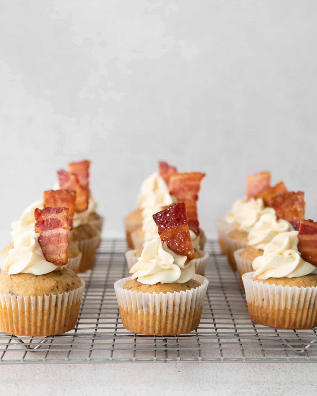 Maple Bacon Cupcakes with a maple buttercream and candied bacon.