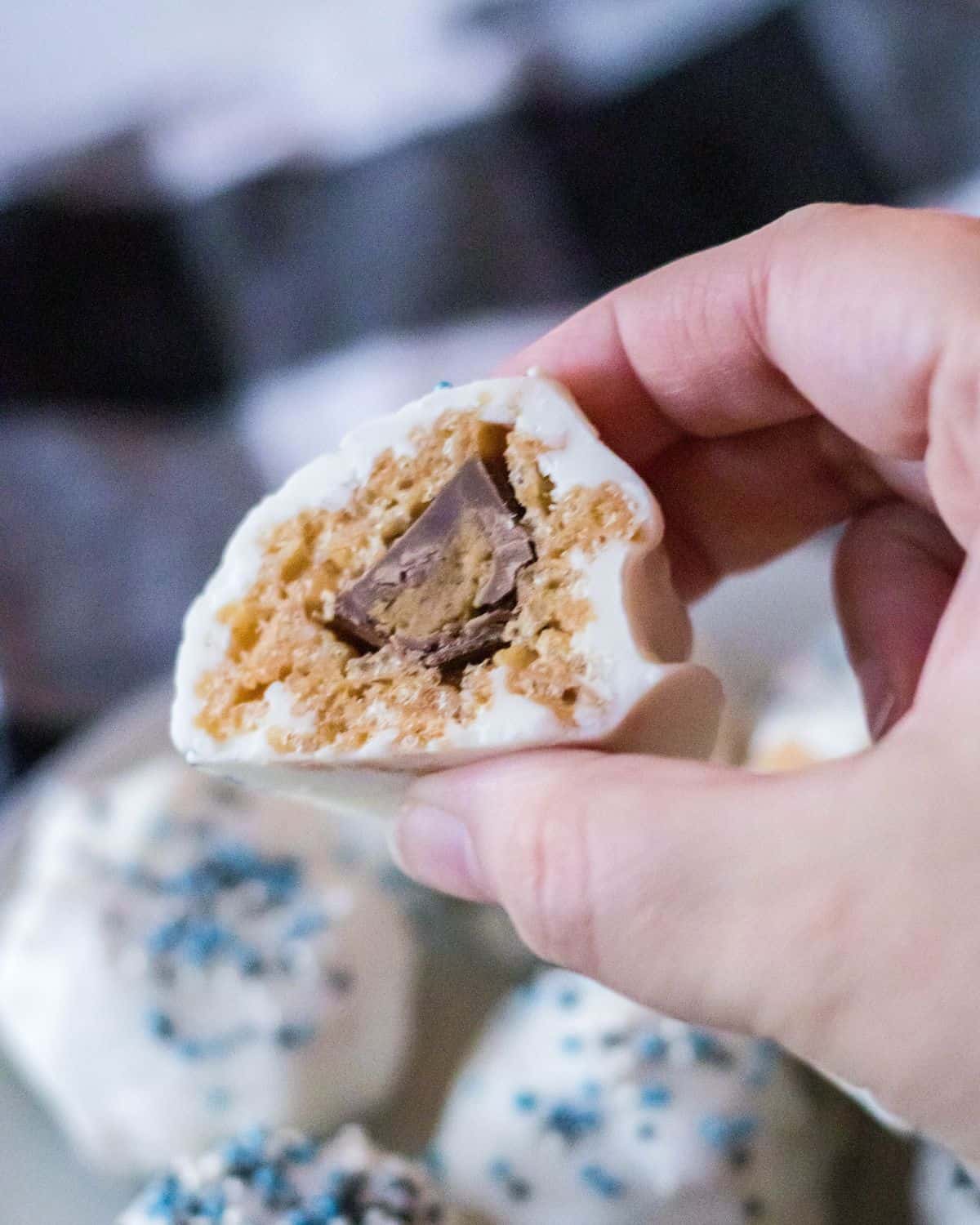 The inside of crispy peanut butter rice krispy balls.