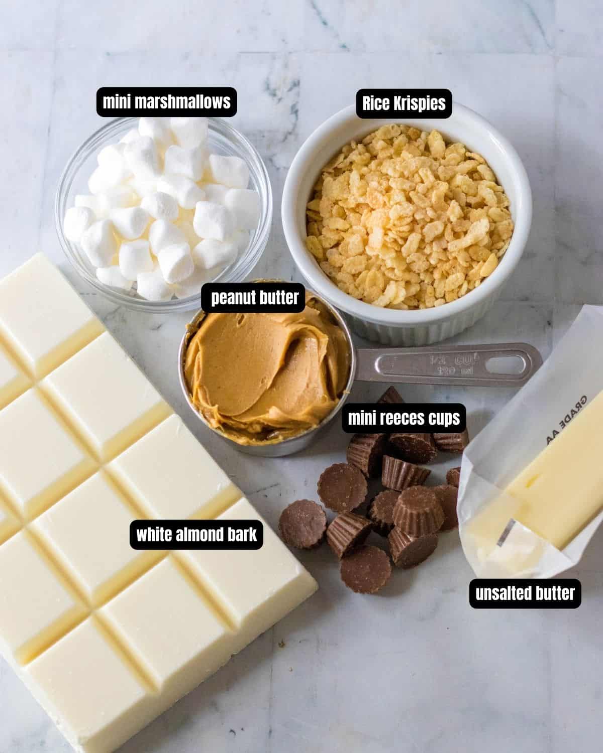 Ingredients with text overlay of peanut butter krispy balls.