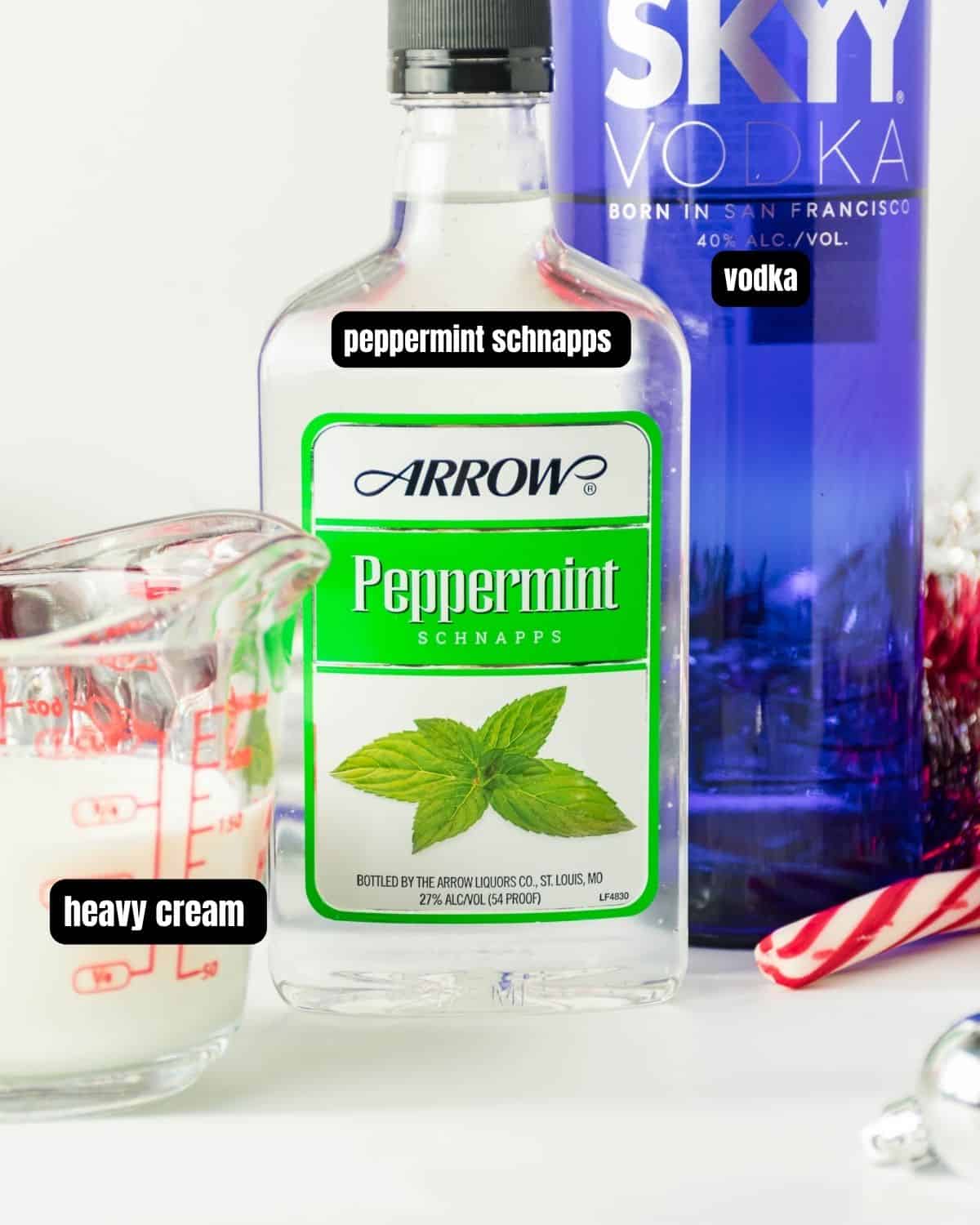 Ingredients to make peppermint cocktail with text overlay. 