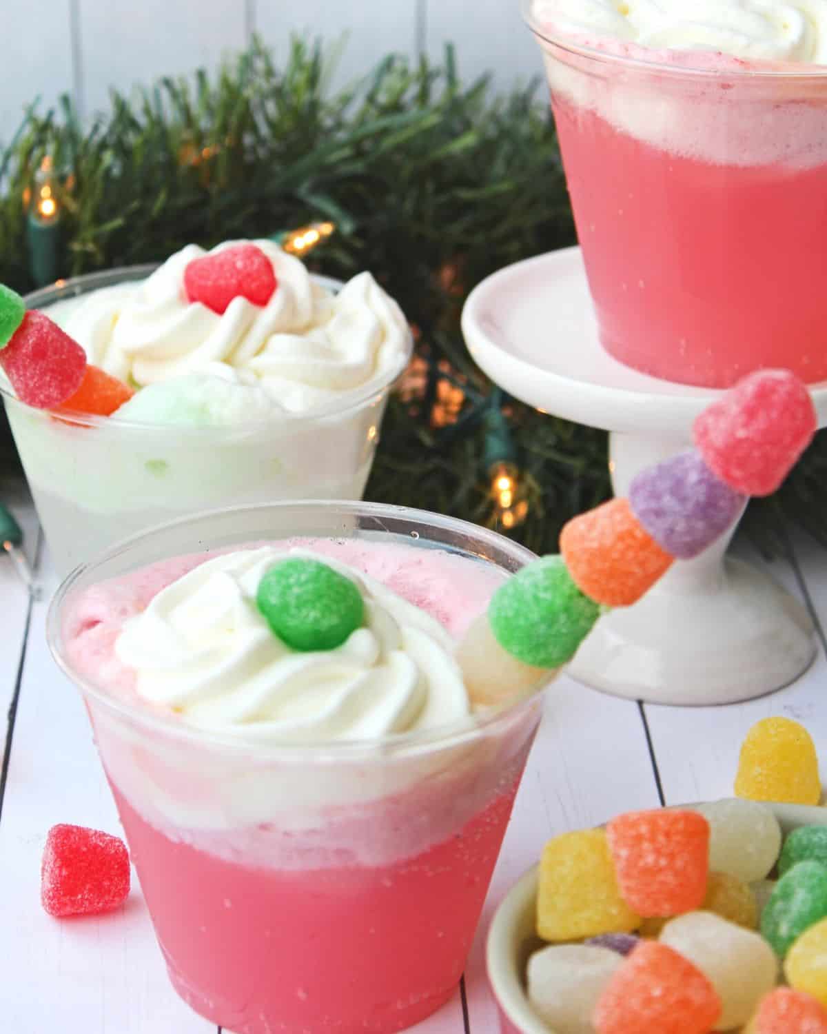 Gumdrop punch with whipped cream.