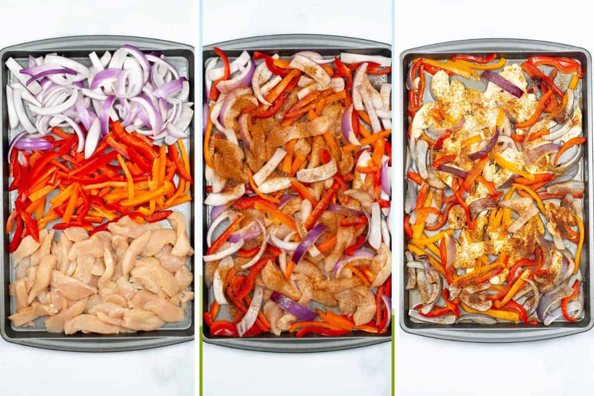 Steps to make chicken fajitas on a sheet pan.  