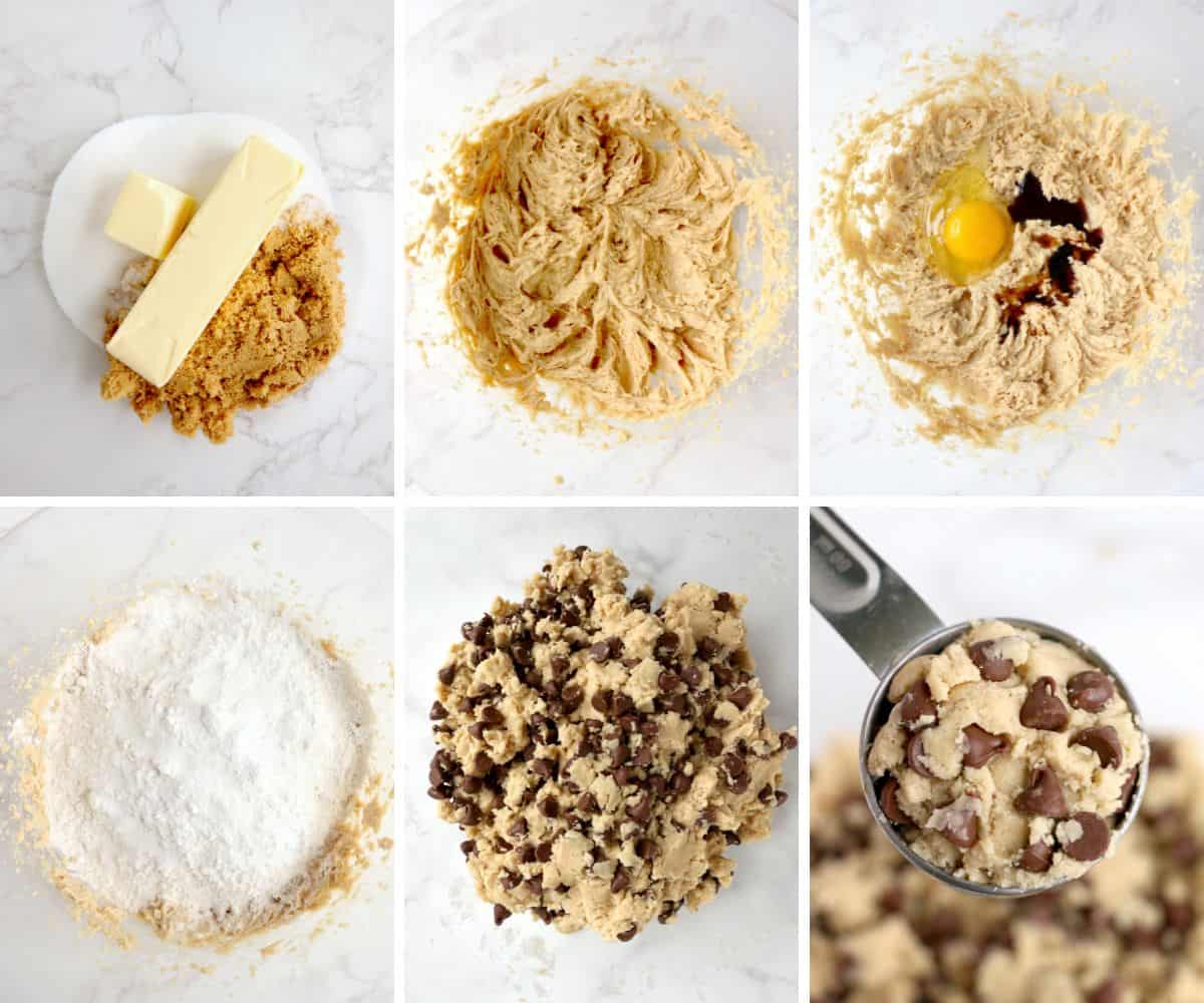 Multiple photos of the process to make big fat chewy chocolate chip cookies.