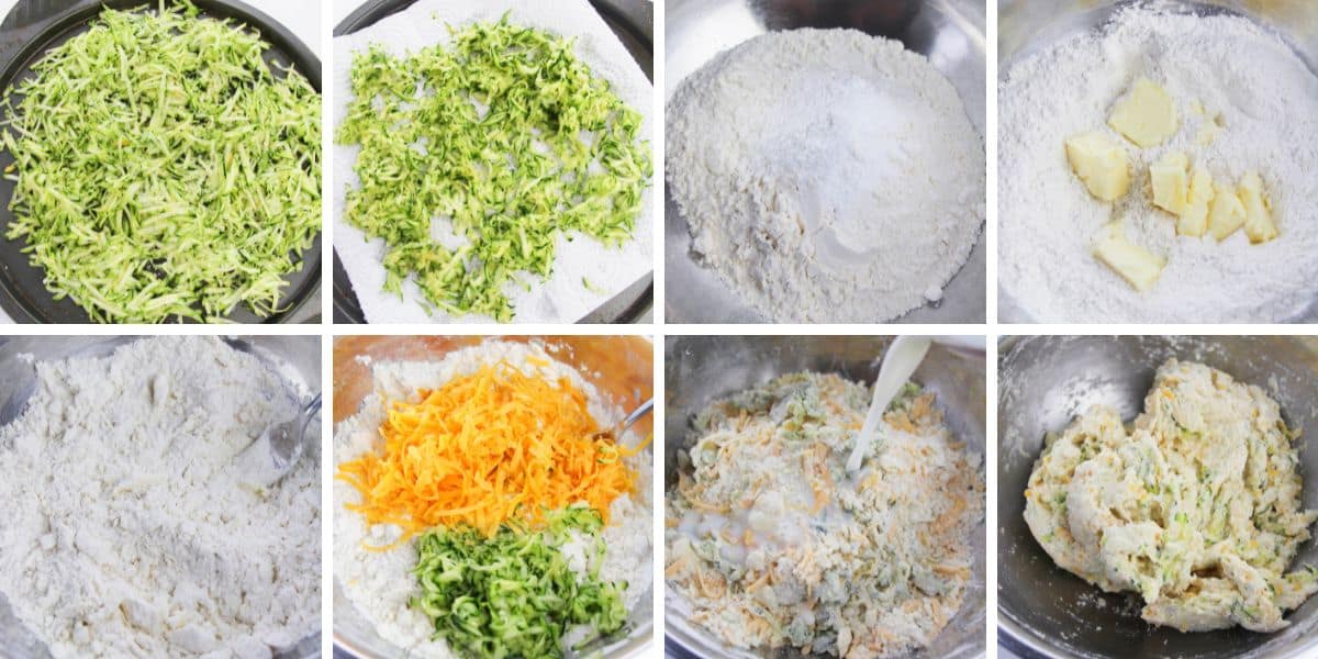 photos to show the steps to make cheddar zucchini biscuits.