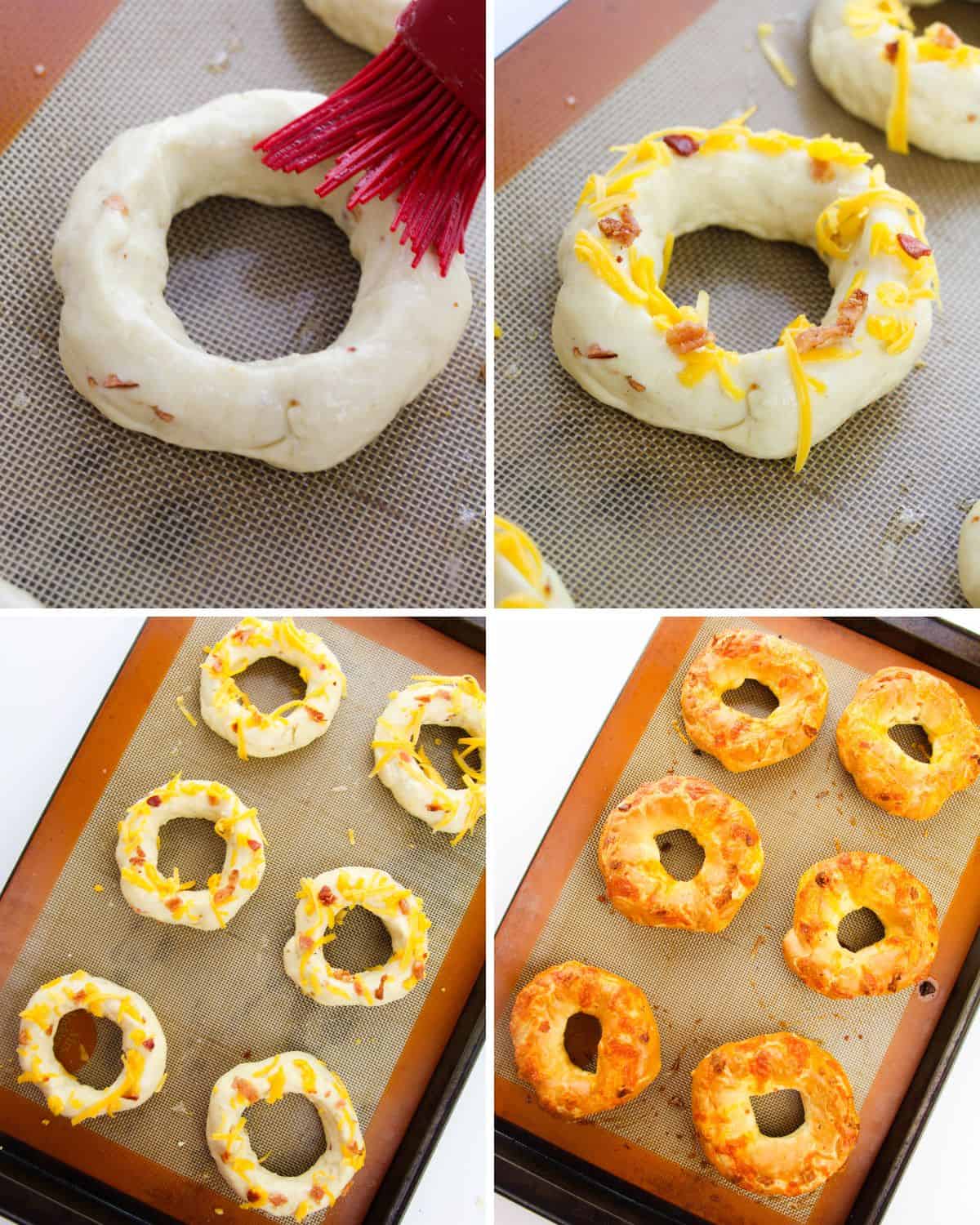 Steps tp form bacon cheddar bagels.