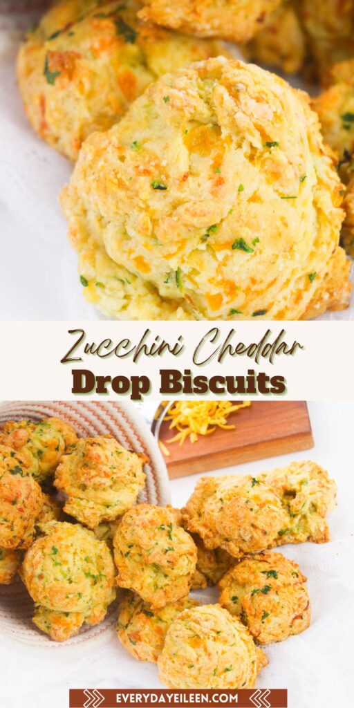 Pinterest pin with text overlay of drop biscuits made with zucchini and cheddar.