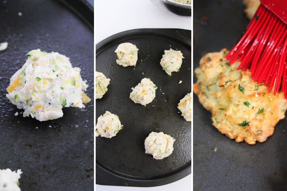 Steps to put drop zucchini biscuits on a cast iron baking pan.