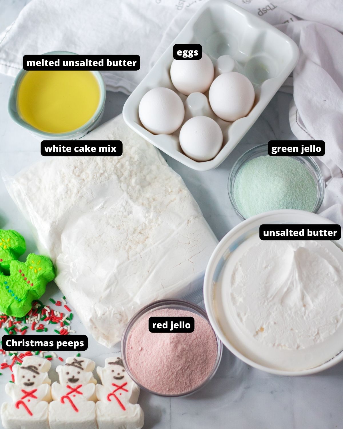 Ingredients to make christmas poke cake with text overlay.