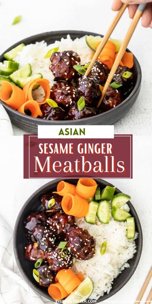 Pinterest pin of Asian meatballs in a sesame ginger glaze.