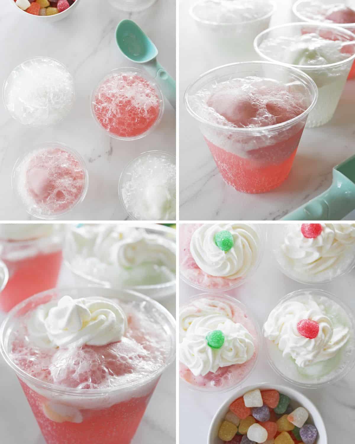 Steps to make gumdrop sherbet punch topped with whipped cream and gundrops.