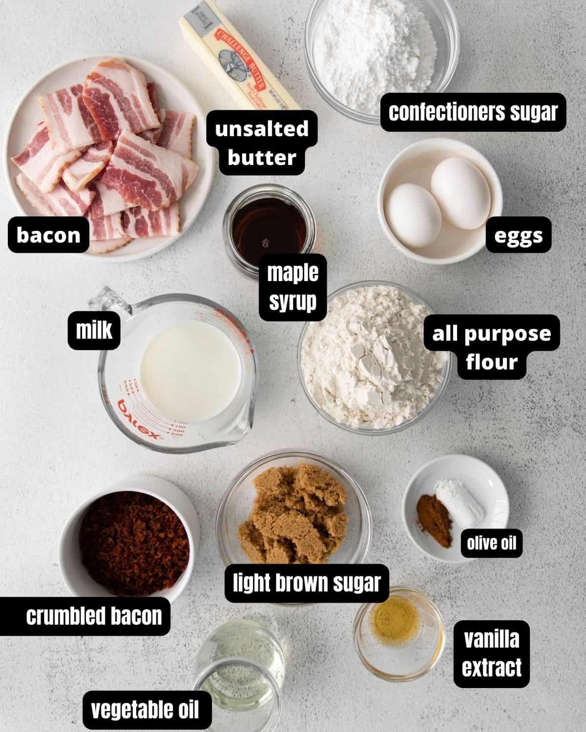 Ingredients with text overlay to make bacon maple muffins. 