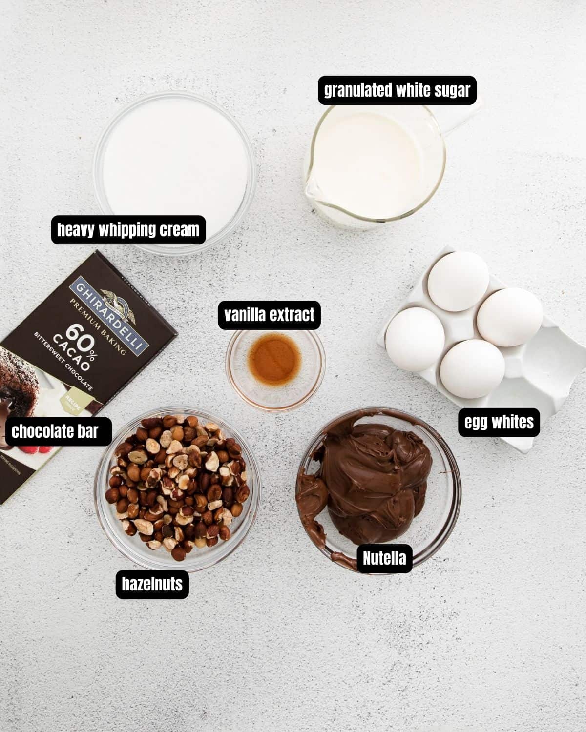 Ingredients with text overlay of what is needed to male nutella pavlova. 