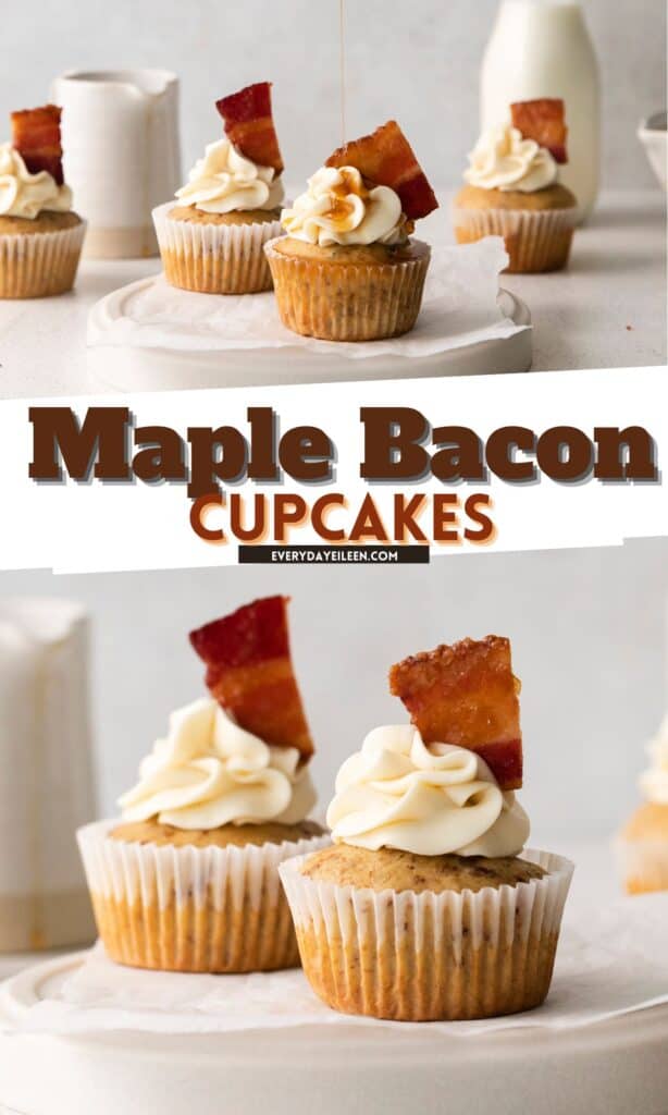 Maple bacon cupcakes pin with text overlay.