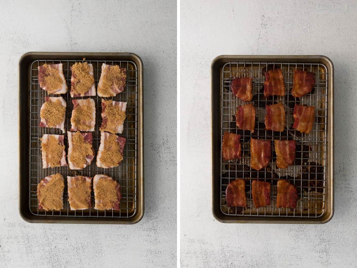 Two photos showing how to make candied bacon.