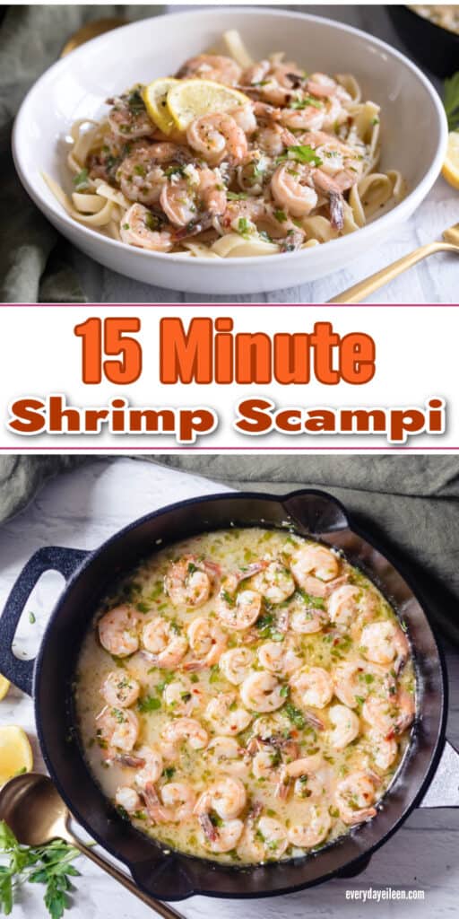 A Pinterest pin with text overlay of shrimp scampi