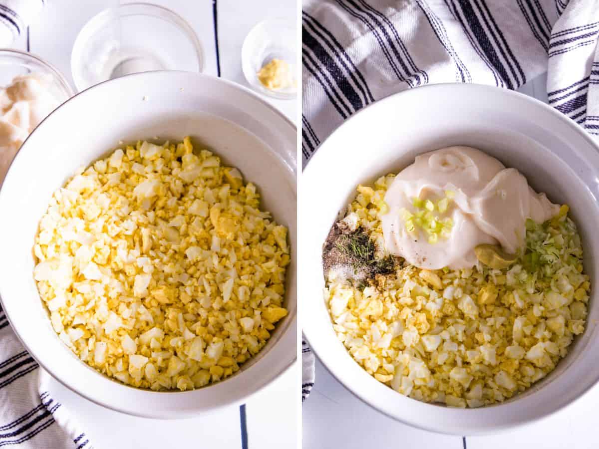 Two photos showing how to make egg salad.