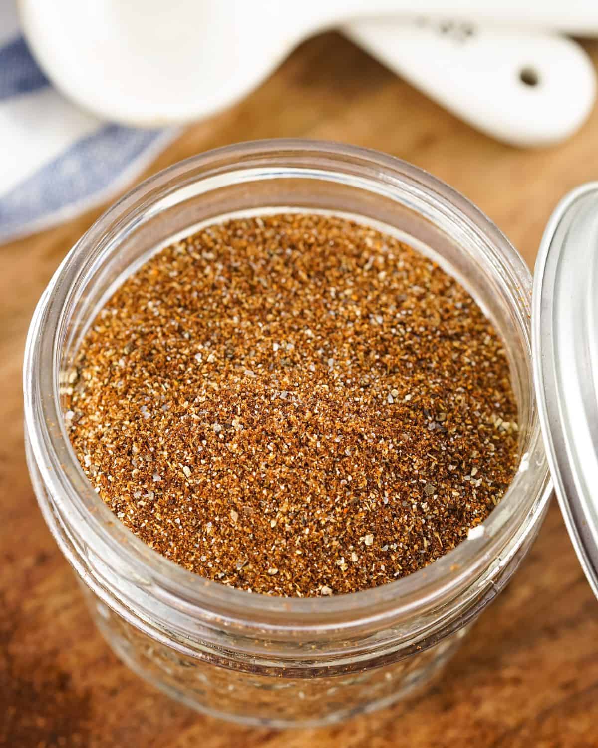 Homemade chili seasoning in a mason jar. 