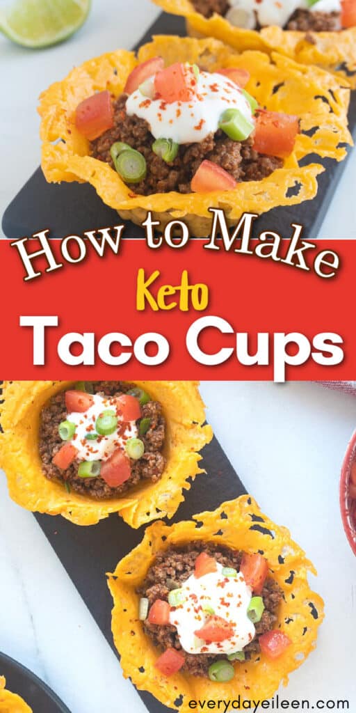 A pinterest pin with text overlay to make keto taco cups.