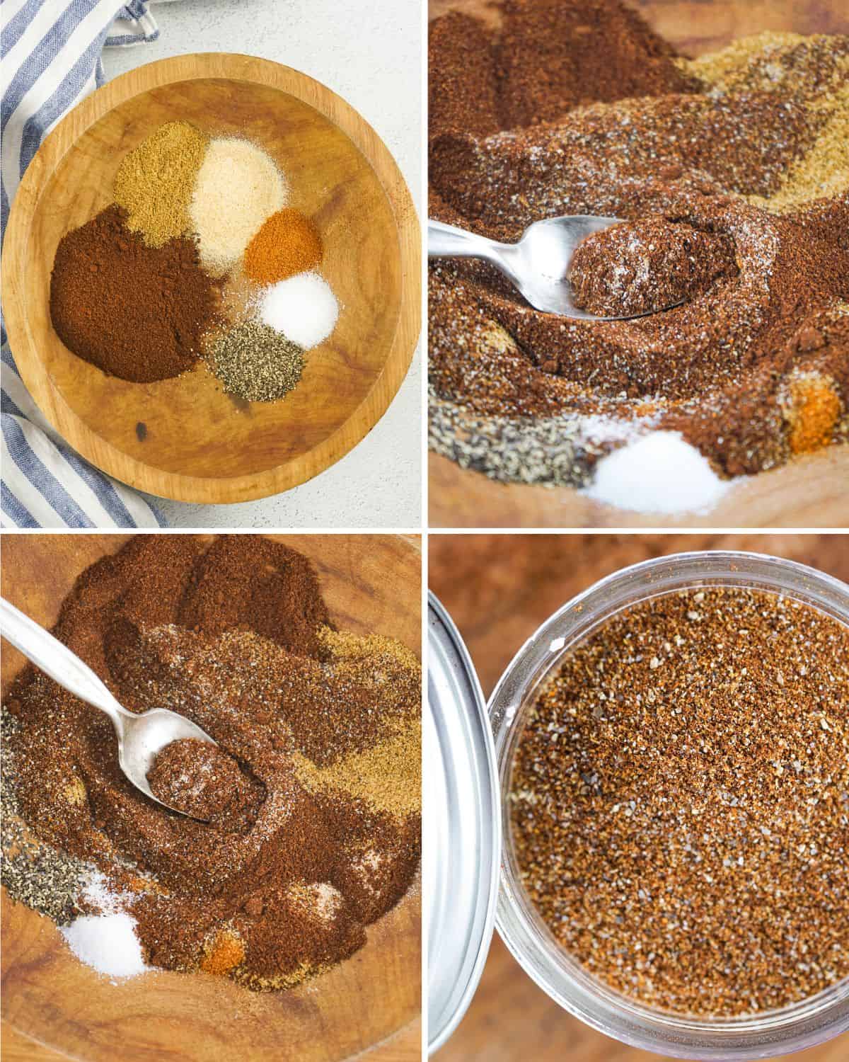 Steps to make homemade chili seasoning in a bowl.