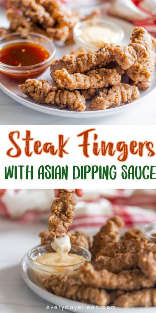 A pinterest pin with text overlay for steak fingers.